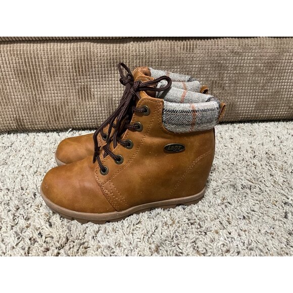 Lugz Shoes - Lugz Womens Brown Ankle Boots With Plaid Collar & Wedge Heel Size 6 Faux Leather